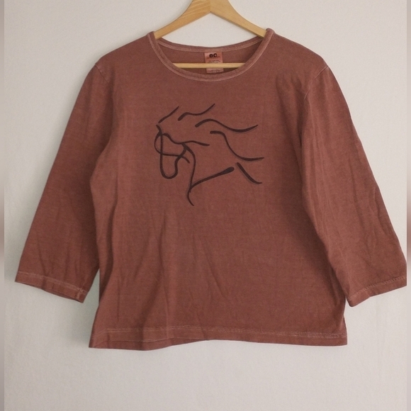 Equestrian Quarter Sleeve Blouse Brown Tan Horse Cowgirl Cowboy Southwest M - Picture 1 of 3